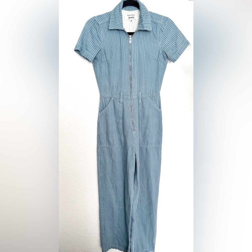 Reformation Cassidy Denim Jean Striped Zip Jumpsuit - Picture 3 of 7
